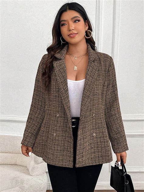 SHEIN Frenchy Plus Plaid Double Breasted Tweed Blazer For Sale