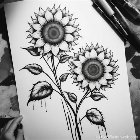 Minimalist Black And White Sunflower Tattoo Design Stable Diffusion