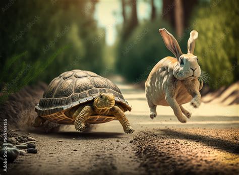 The Rabbit And The Turtle Running Race In The Forest Front View Created