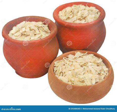 Flattened Rice Puffed Rice And Popped Rice In Color Paper Thonga Bowl On White Background