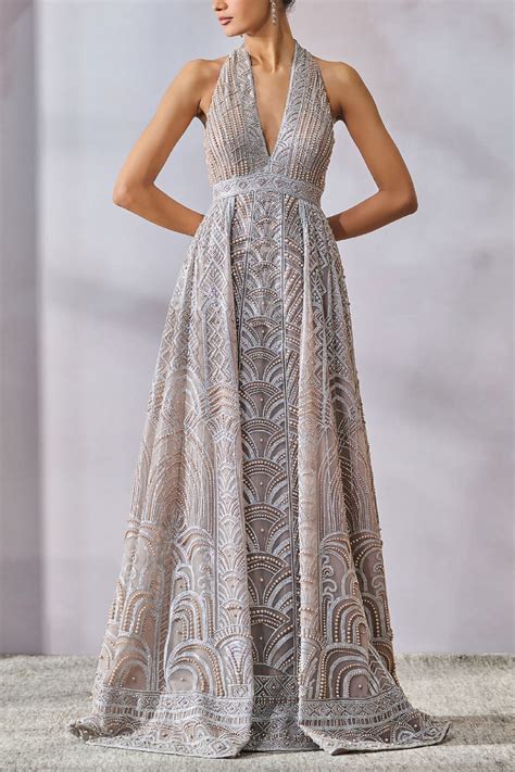 Buy Silver Sequin And Pearl Embellished Gown By Tarun Tahiliani At