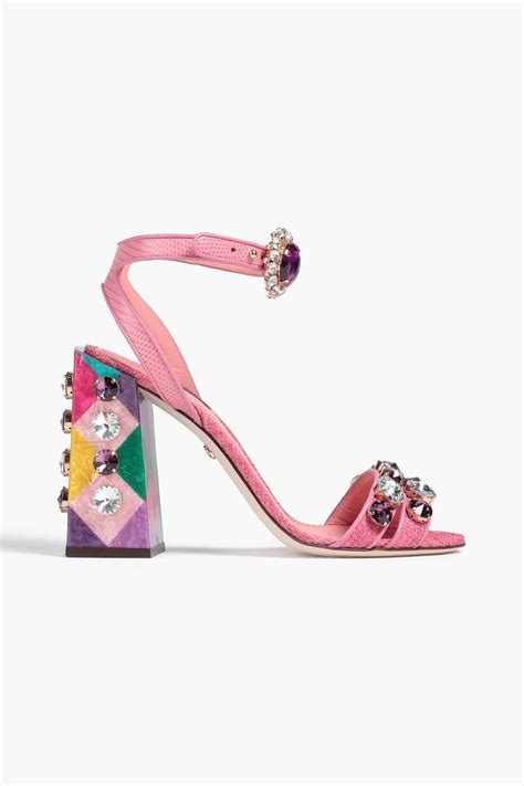 Dolce And Gabbana Embellished Lizard Effect Leather And Straw Sandals In