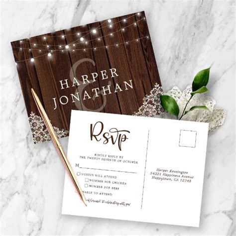 Rustic Wood String Lights Lace Wedding Rsvp Postcard Zazzle