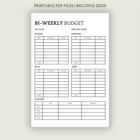 Bi Weekly Budget Overview Template Printable Paycheck Budget Etsy