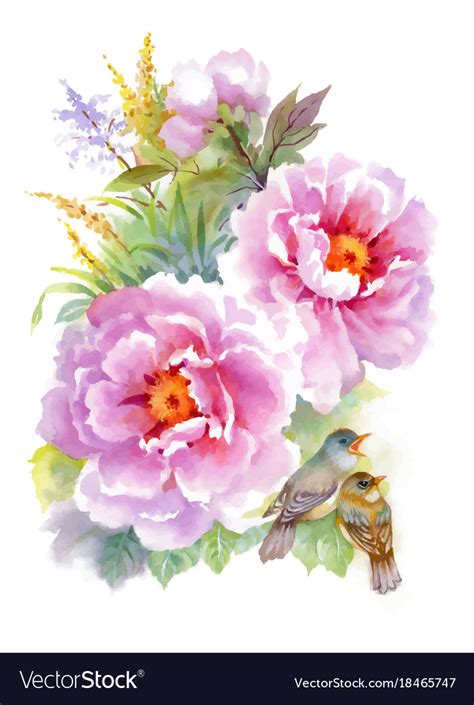 Watercolor flowers and birds on white background Vector Image