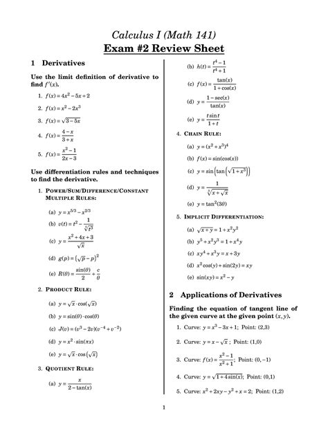 Review Sheet For Exam Calculus I Math Exam Review Sheet