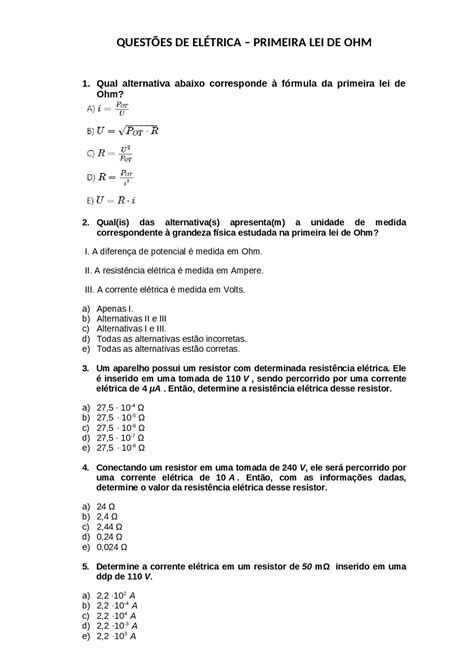 Exercícios dobre a primeira lei de Ohm Exercícios Física Docsity