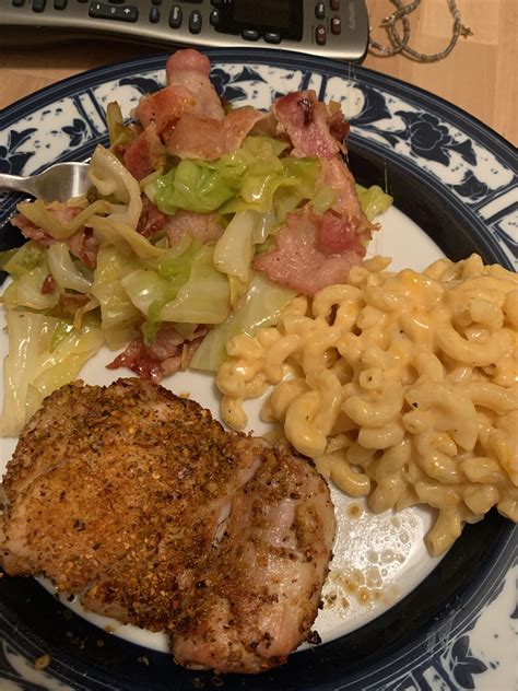 Homemade Fried Chicken Mac And Cheese And Fried Cabbage With Bacon Food