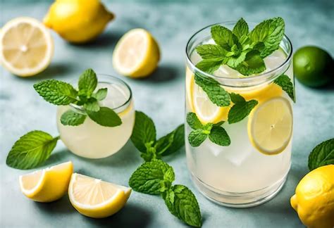 Premium Photo A Glass Of Ice Water With Lemon Slices And Mint Leaves