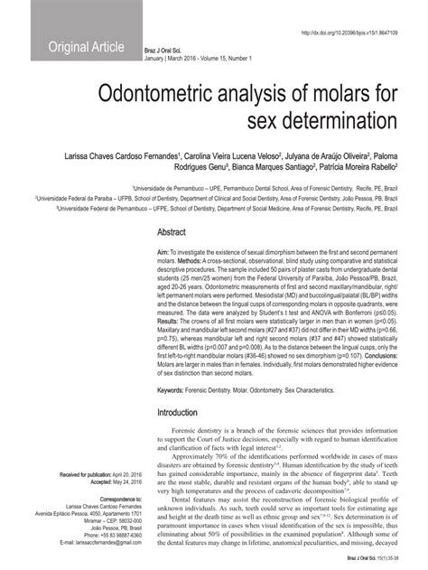 PDF Odontometric Analysis Of Molars For Sex Determination