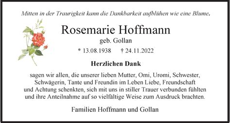 Traueranzeigen Von Rosemarie Hoffmann Nordwest Trauer De