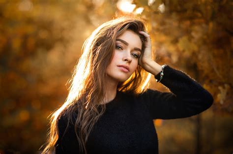 Bogdana Black Sweater Hands In Hair Depth Of Field Brunette