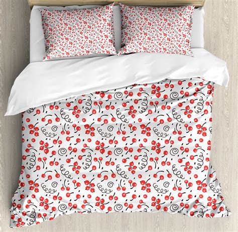 Cranberry Duvet Cover Set Queen Size Fruit Branches Vibrant Tone