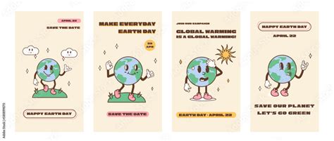 Set for Happy Earth Day social media ig stories template. Vintage nostalgia cartoon planet earth ...