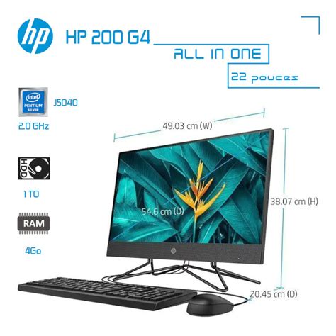 HP 200 G4 All-in-One 22" 4Go/1To Pentium J5040 2.0GHz - CAPMICRO