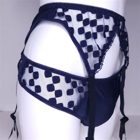 Navynest Crossdresser Lingerie Sets Femboy Navy Blue Mesh Blue Sissy Garter Belt For Men