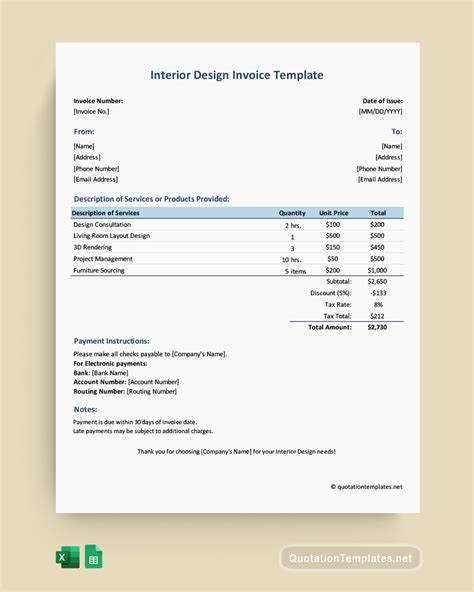 Interior Design Invoice Template Excel Google Sheets