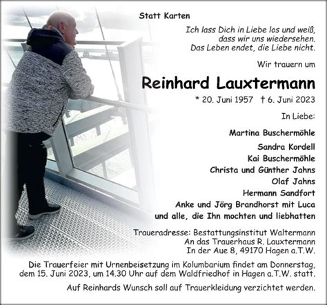 Traueranzeigen Von Reinhard Lauxtermann Noz Trauerportal