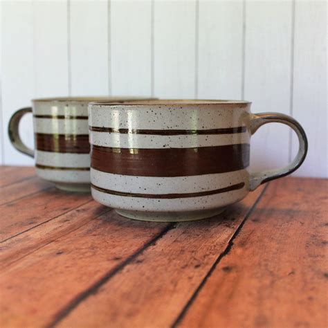 Vintage Soup Bowl Mug With Handle Set Of Gray Stoneware With Brown