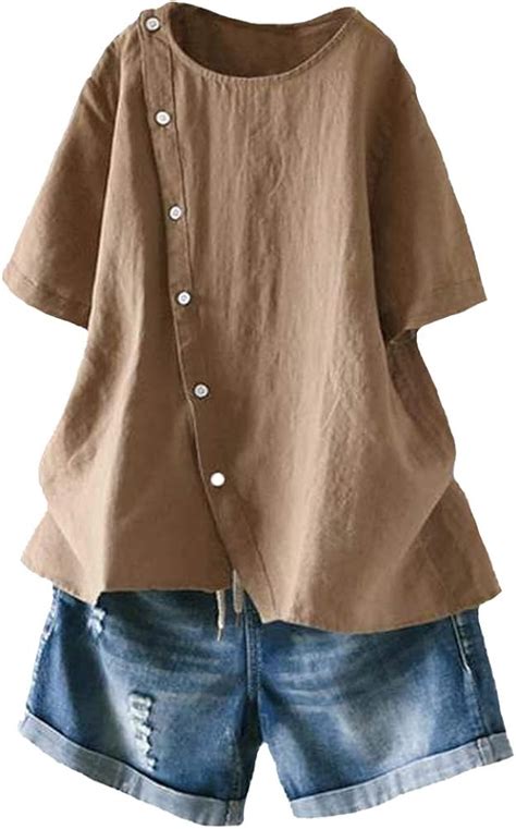 Ftcayanz Womens Cotton Linen Tunic Tops Short Sleeve Casual Loose Fit