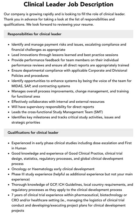 Clinical Leader Job Description Velvet Jobs