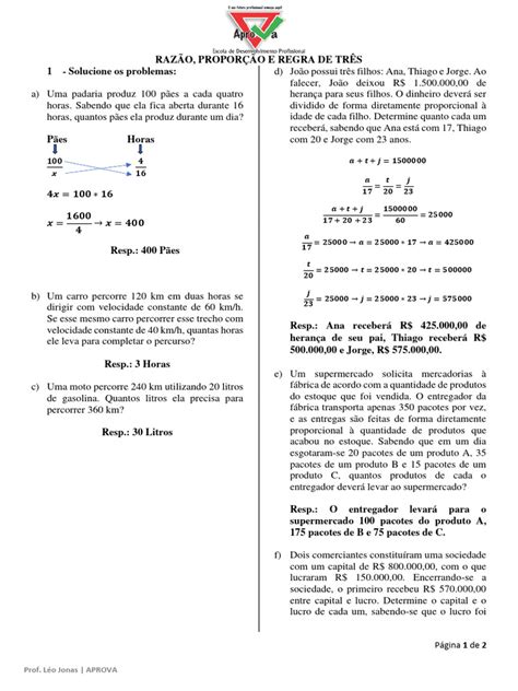 Exercícios RazÃo ProporÇÃo E Regra De TrÊs 24 Gabarito Pdf