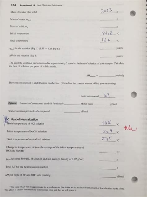 Solved Experiment 14 Data And Calculations Heat Effects And