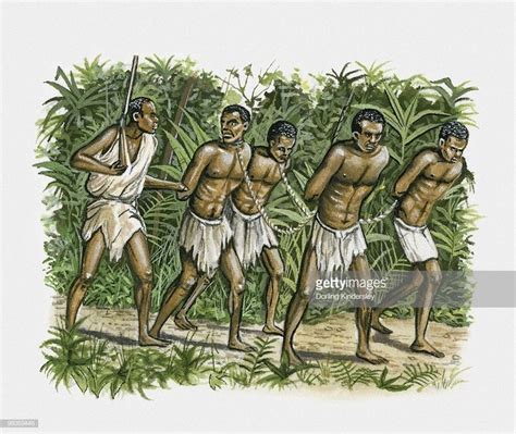 Illustration of man with four slaves chained together Escravos de jó