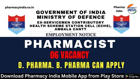 Recruitment Of Pharmacist Posts At Echs Polyclinic Ambala Cantt