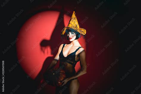 Halloween Lingerie Model Sexy Stripper Woman With Pumpkins Vampire