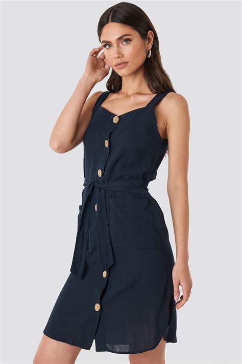 Belted Button Detailed Mini Dress Blue Na