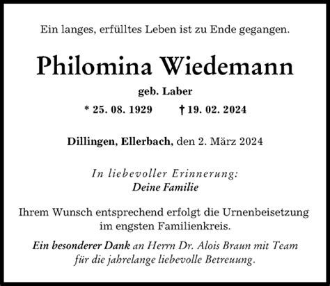 Traueranzeigen Von Philomina Wiedemann Augsburger Allgemeine Zeitung