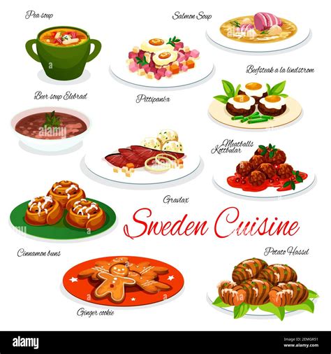 Sweden cuisine meals, scandinavian food dishes vector. Pea, salmon and ...