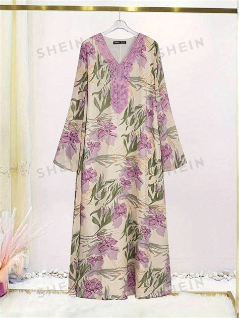 Shein Najma Women V Neck Floral Printed Long Sleeve Arabian Dress