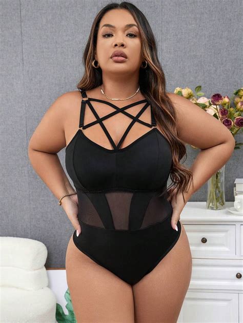 Classic Sexy Mesh Patchwork Plus Size Sexy Bodysuit Shein Usa