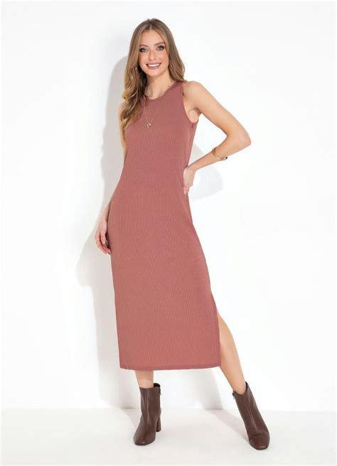 Vestido Nude Fendas Nas Laterais Da Barra Moda Pop