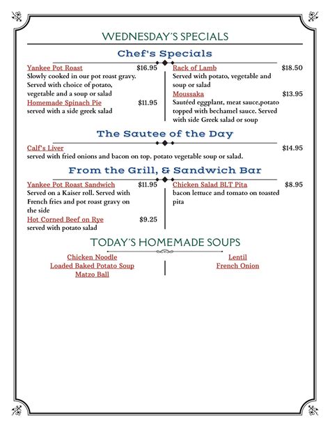 Daily Specials – Kenilworth Diner