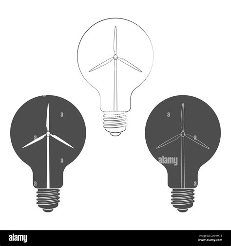 Set Of Black And White Illustrations Light Bulb With Wind Turbine