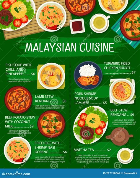 Malaysian Food Menu Malaysia Cuisine Lunch Poster Stock Vector