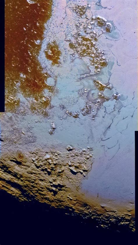 Enhanced color image of Pluto’s Sputnik Planum with Wright Mons (lower ...