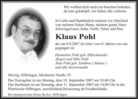 Traueranzeigen Von Klaus Pohl Saarbruecker Zeitung Trauer De