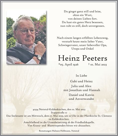 Traueranzeigen Von Heinz Peeters Trauer Und Gedenken