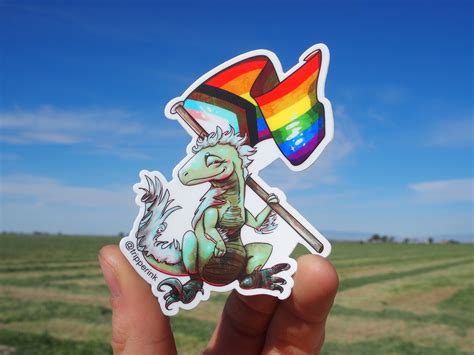 Dinosaur Holding A Gay Pride Flag Sticker Crooked Stickers