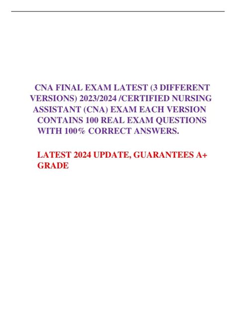 CNA FINAL EXAM LATEST 3 DIFFERENT VERSIONS 2023 2024 CERTIFIED