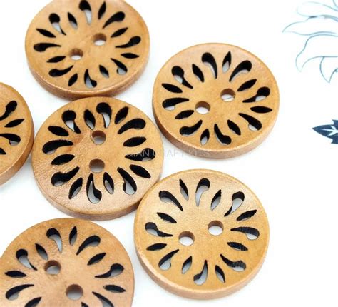 250pcs Flower Filigree Wood Button Light Brown 25mm Carved Wood Buttons