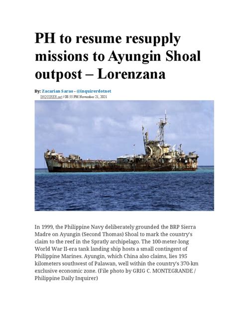 Ph To Resume Resupply Missions To Ayungin Shoal Outpost Lorenzana Pdf Philippines