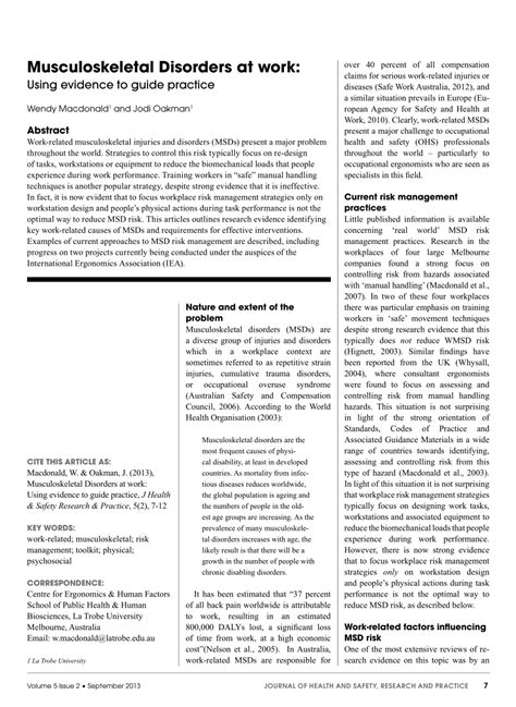 Pdf Musculoskeletal Disorders At Work Using Evidence To Guide Practice