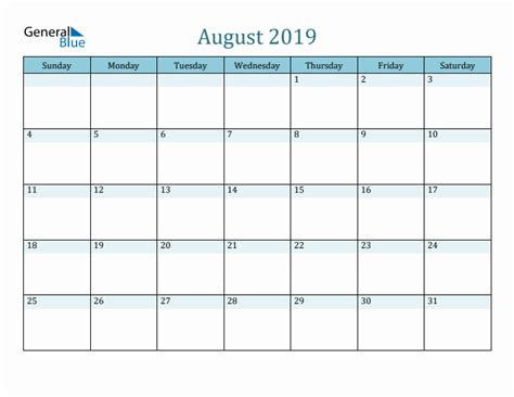 August 2019 Monthly Calendar Pdf Word Excel