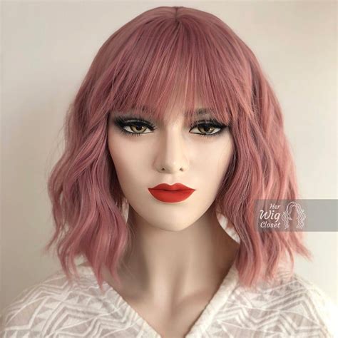 Dusty Rose Pink Wavy Wig With Bangs Katy Etsy Short Pixie Wigs Short