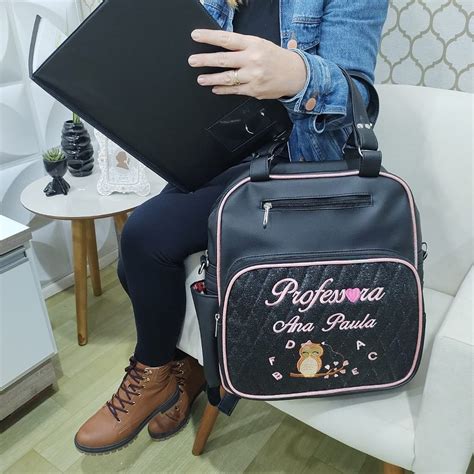 Bolsa Mochila Personalizada Professora Ana Paula Preto Brilho Rosa